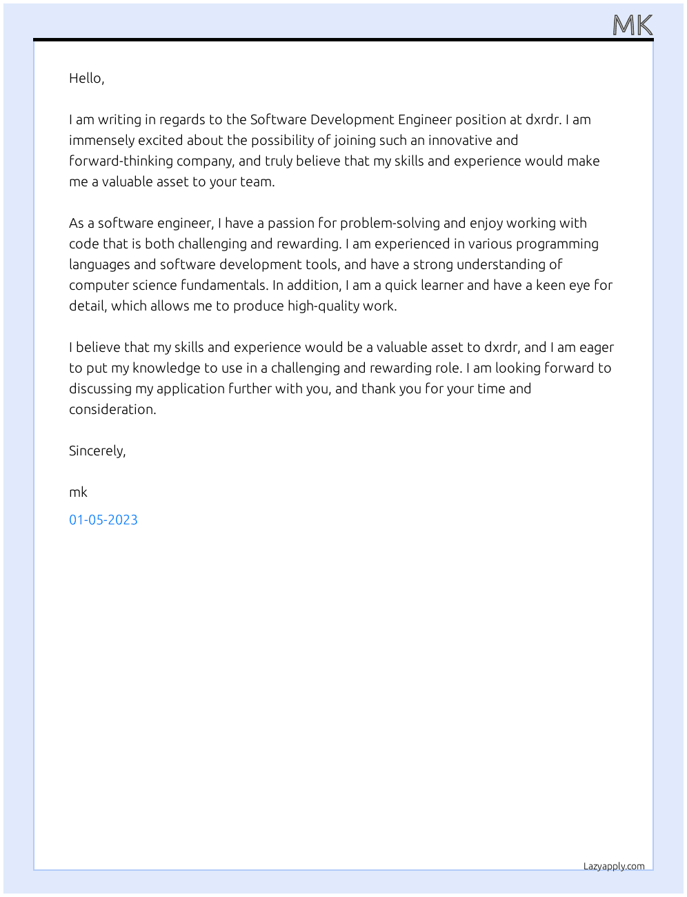 sde At dxrdr Cover Letter