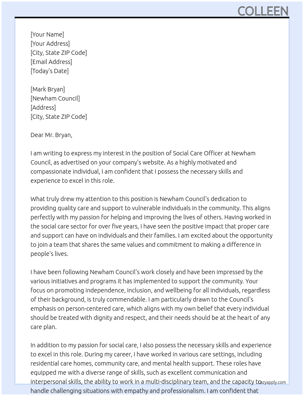 Social care officer At Newham council Cover Letter