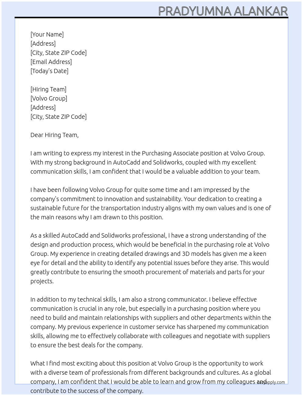 Purchasing Associate At VOLVO GROUPS Cover Letter
