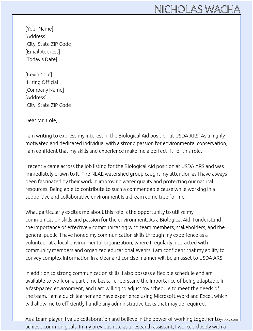 Biological Aid  At USDA ARS Cover Letter