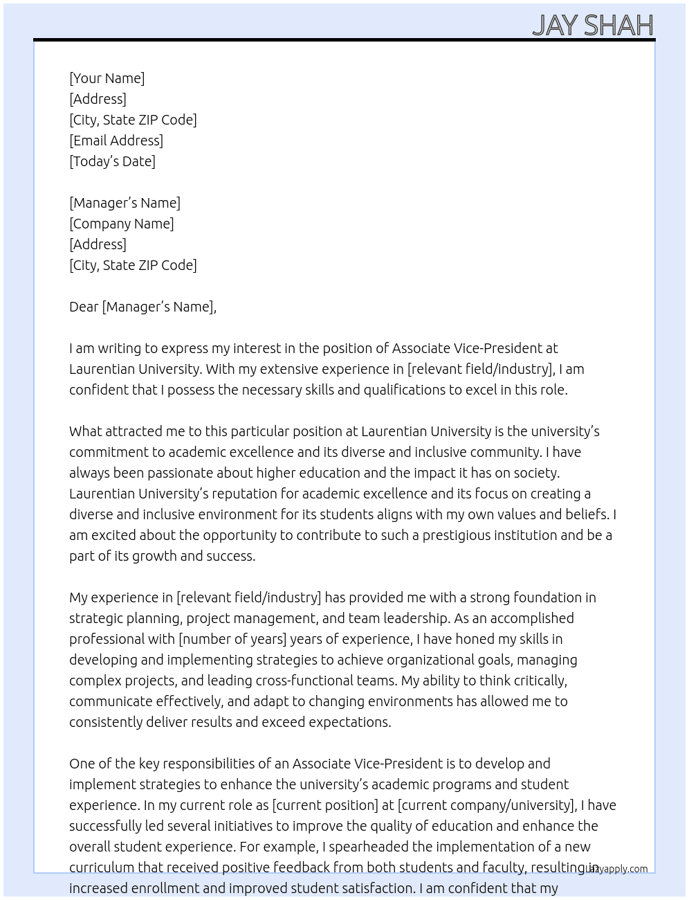 ASSOCIATE VICE-PRESIDENT At Laurentian University Cover Letter