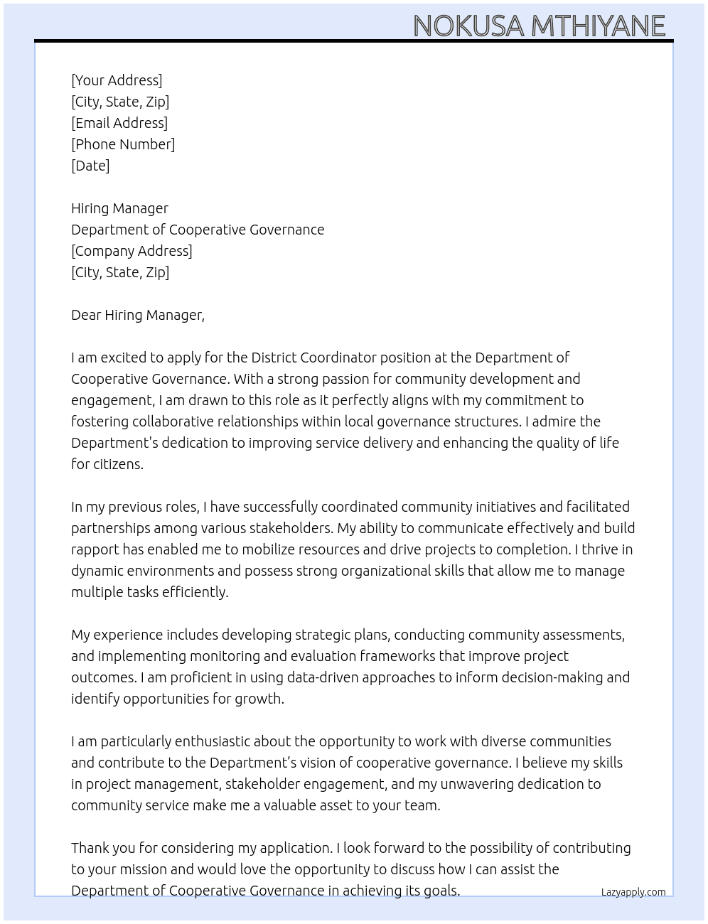 District Coordinator  At Department of Cooperative Governance  Cover Letter