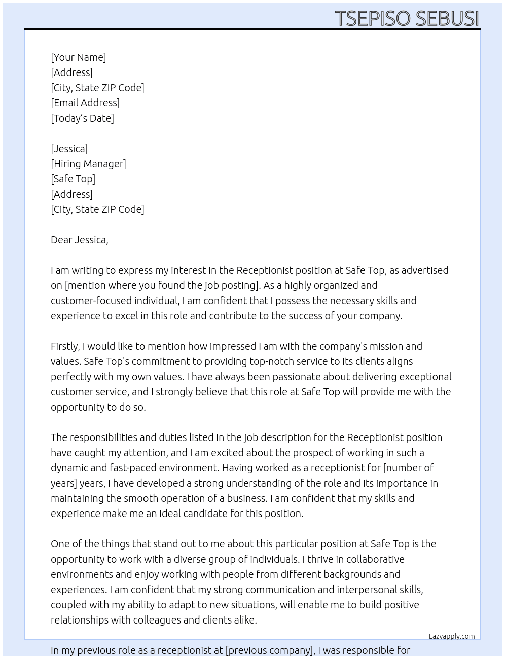 Receptionist  At Safe Top Cover Letter