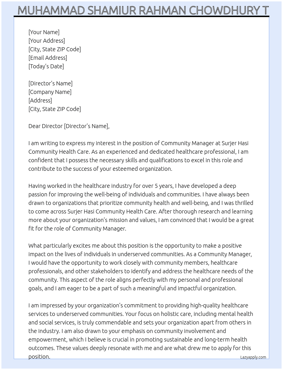 Community Manager At Surjer Hasi Community Health Care Cover Letter