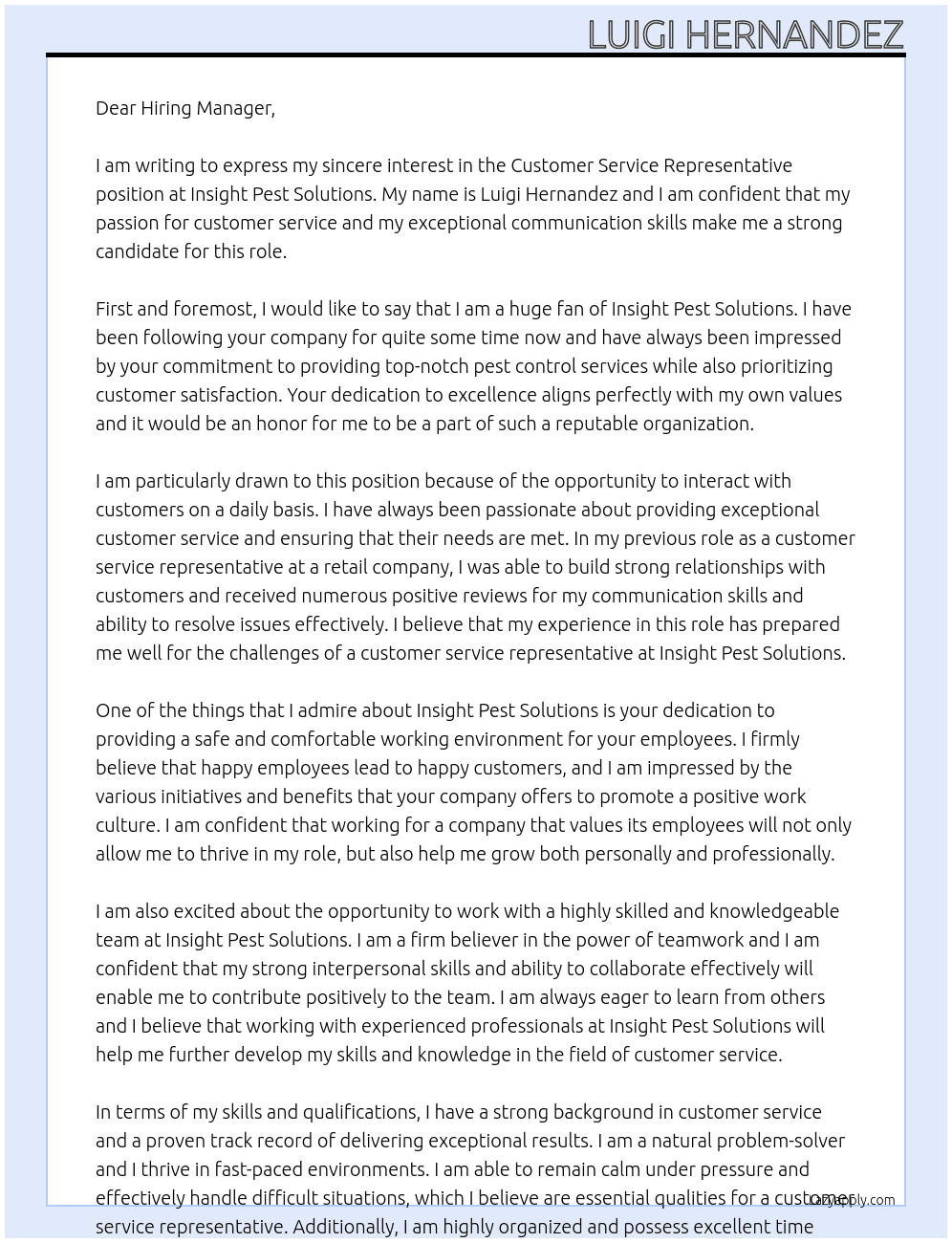  Customer Service Representative At Insight Pest Solutions  Cover Letter