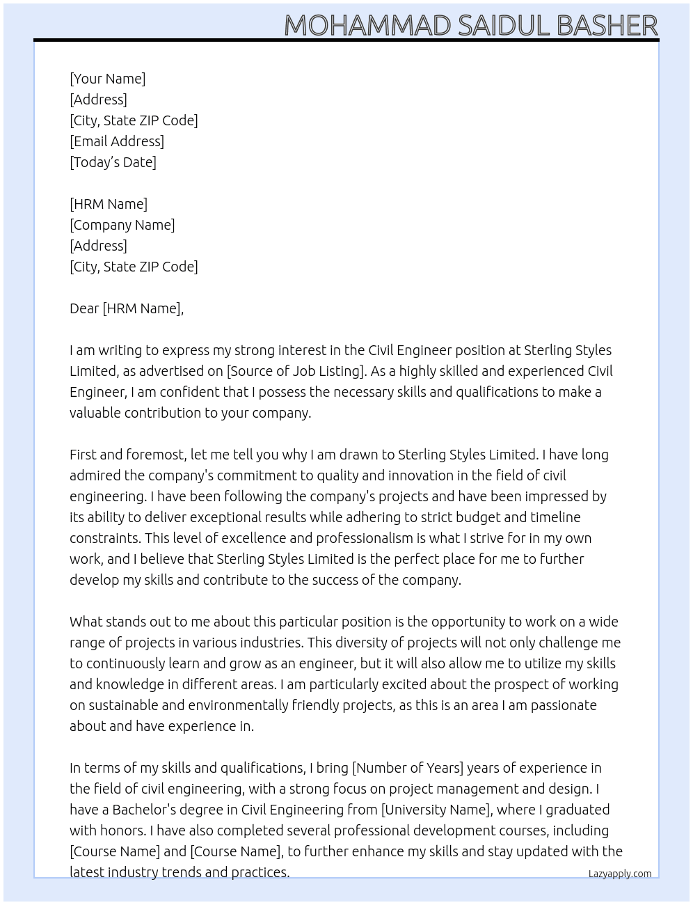 Civil Engineer At Sterling Styles Limited Cover Letter
