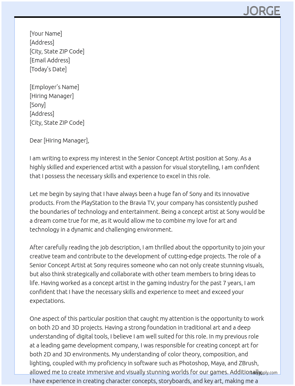 Senior concept artist At sony Cover Letter