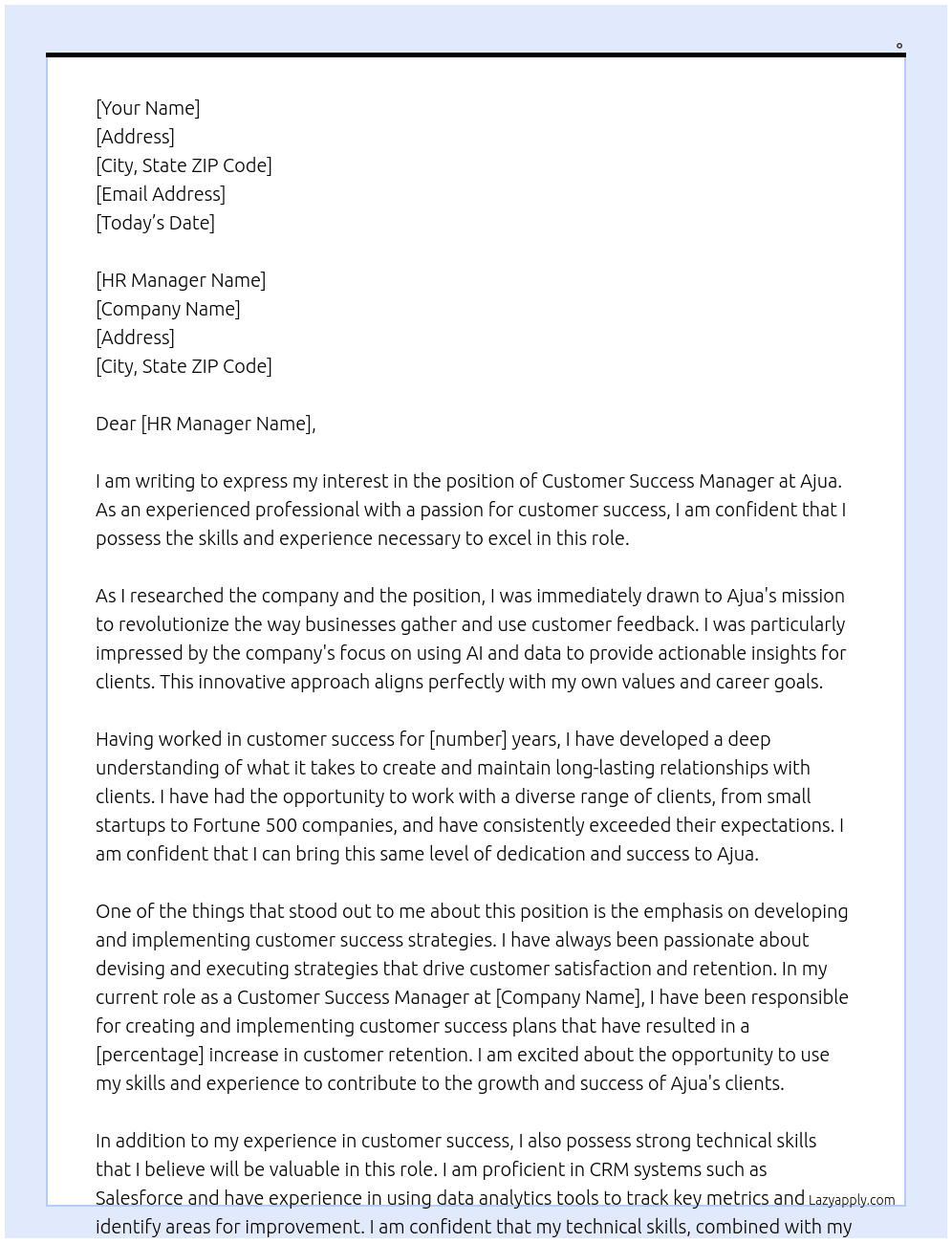 Customer Success Manager At Ajua  Cover Letter