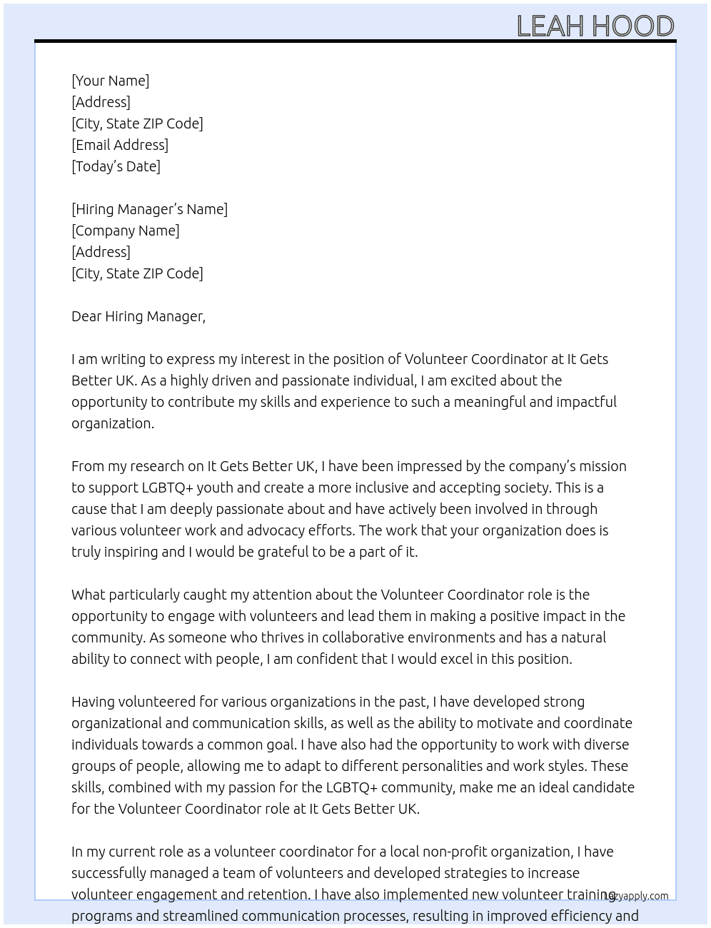 Volunteer Coordinator At It Gets Better UK Cover Letter