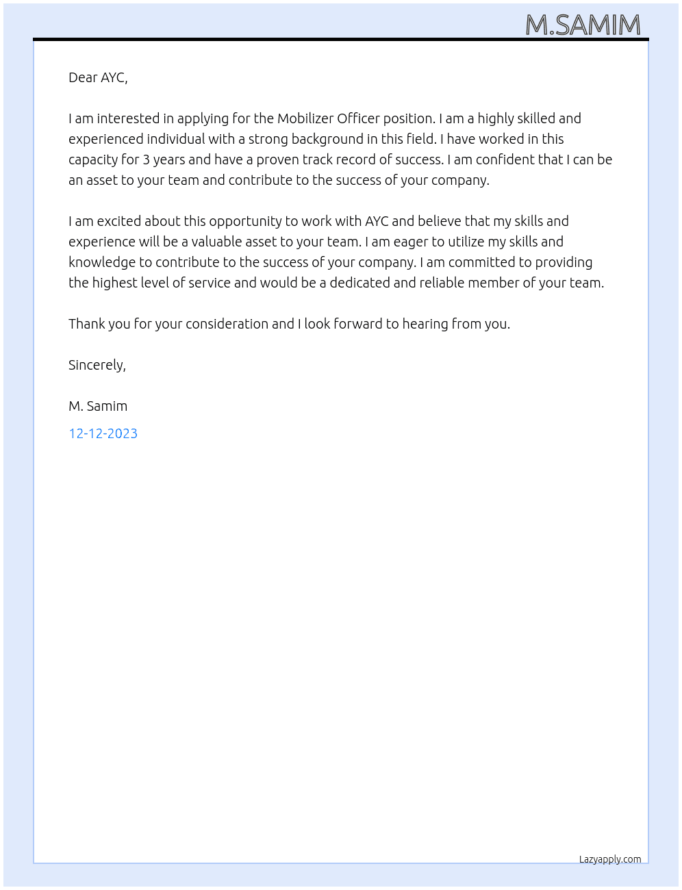Mobilizer Officer  At AYC Cover Letter