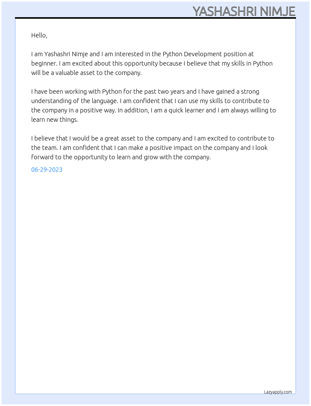 Python Development At beginner Cover Letter
