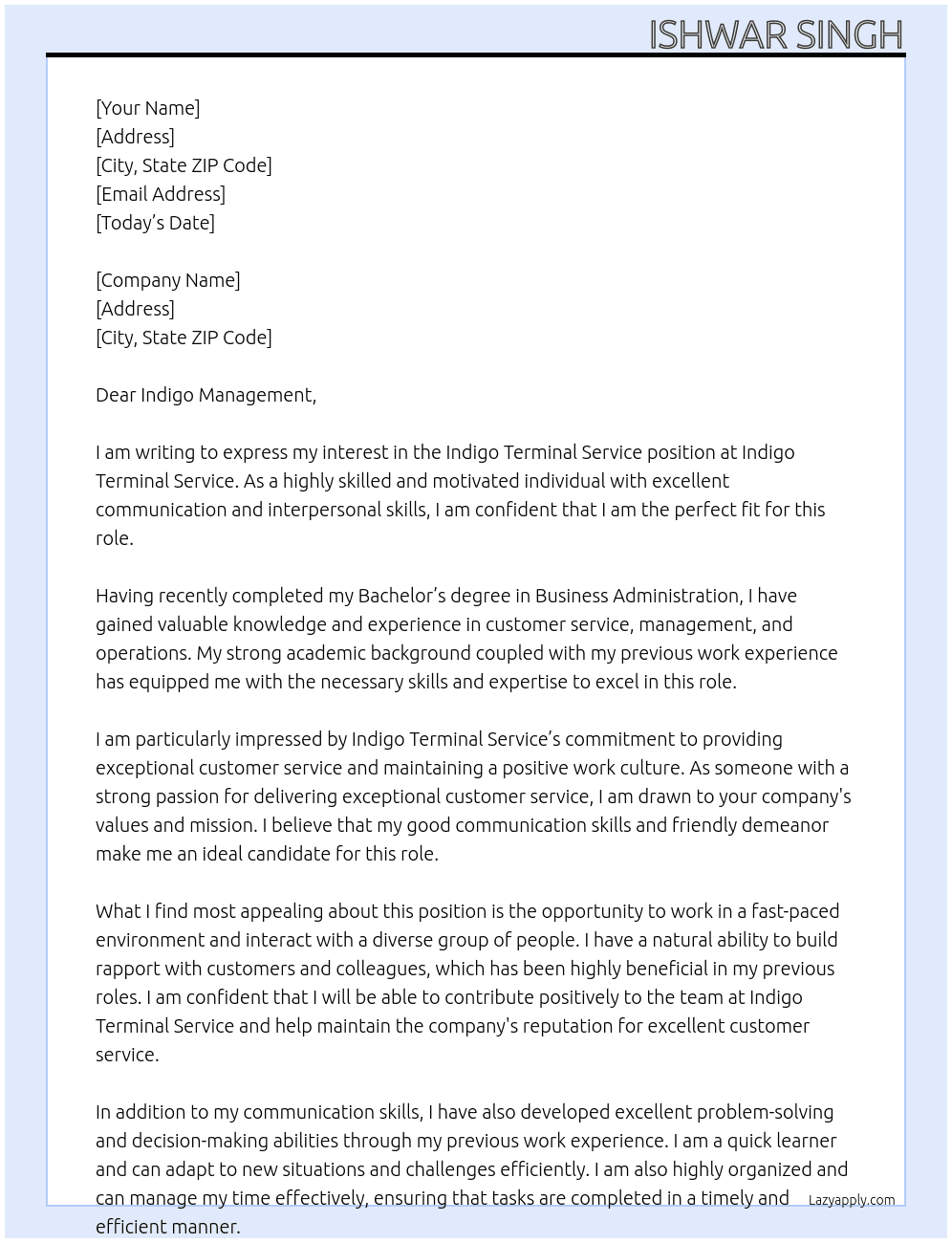 Cover letter for indigo terminal service - LazyApply