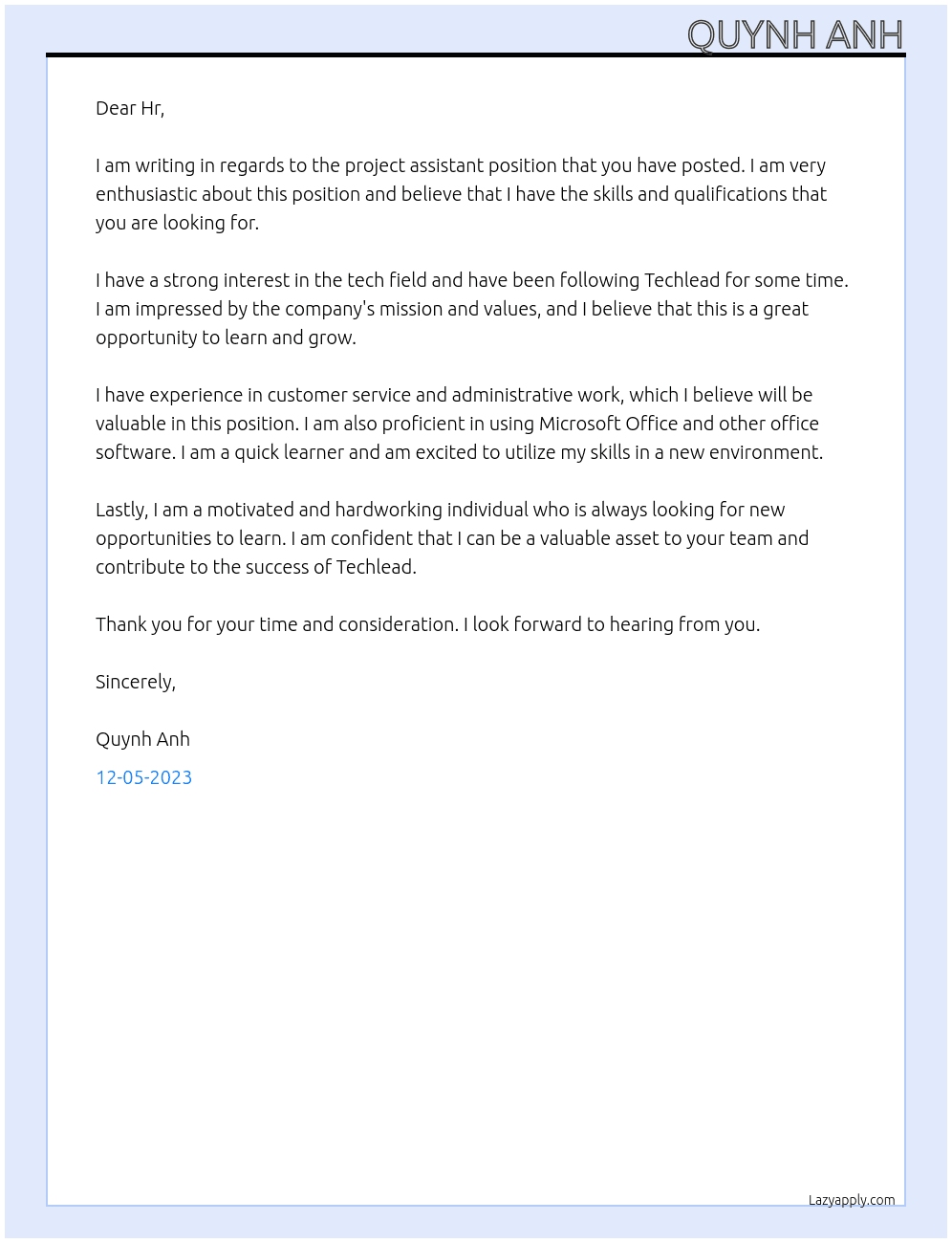 project assistant At Techlead Cover Letter