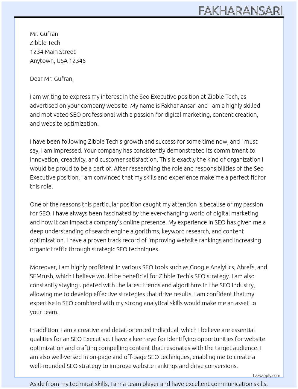 Seo Executive  At Zibble tech Cover Letter