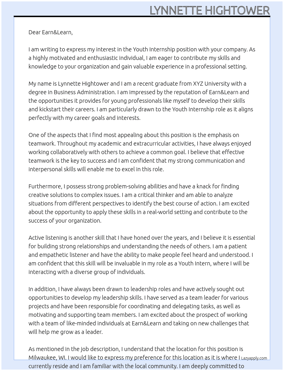 Youth Internship At Earn&Learn Cover Letter