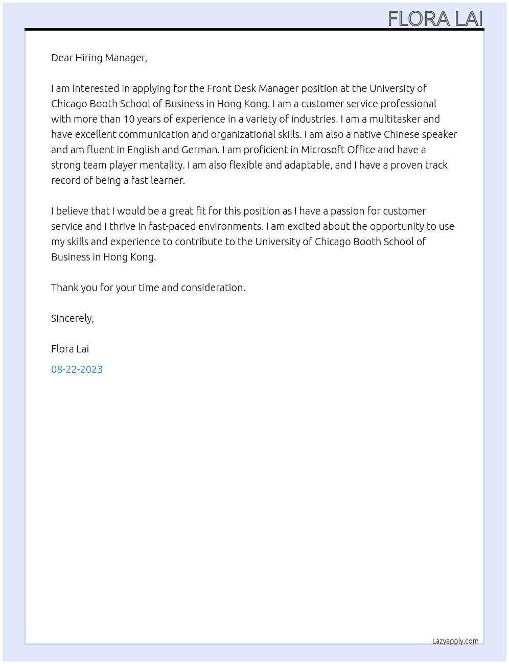 Front Desk Manager At he University of Chicago Booth School of Business in Hong Kong Cover Letter