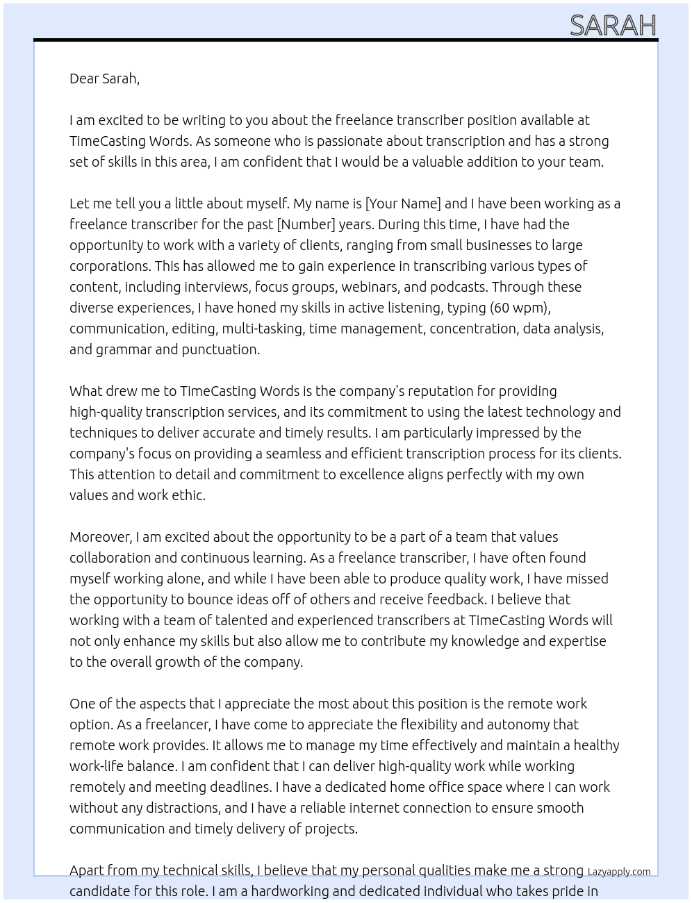 freelance transcriber At TImeCasting Words Cover Letter