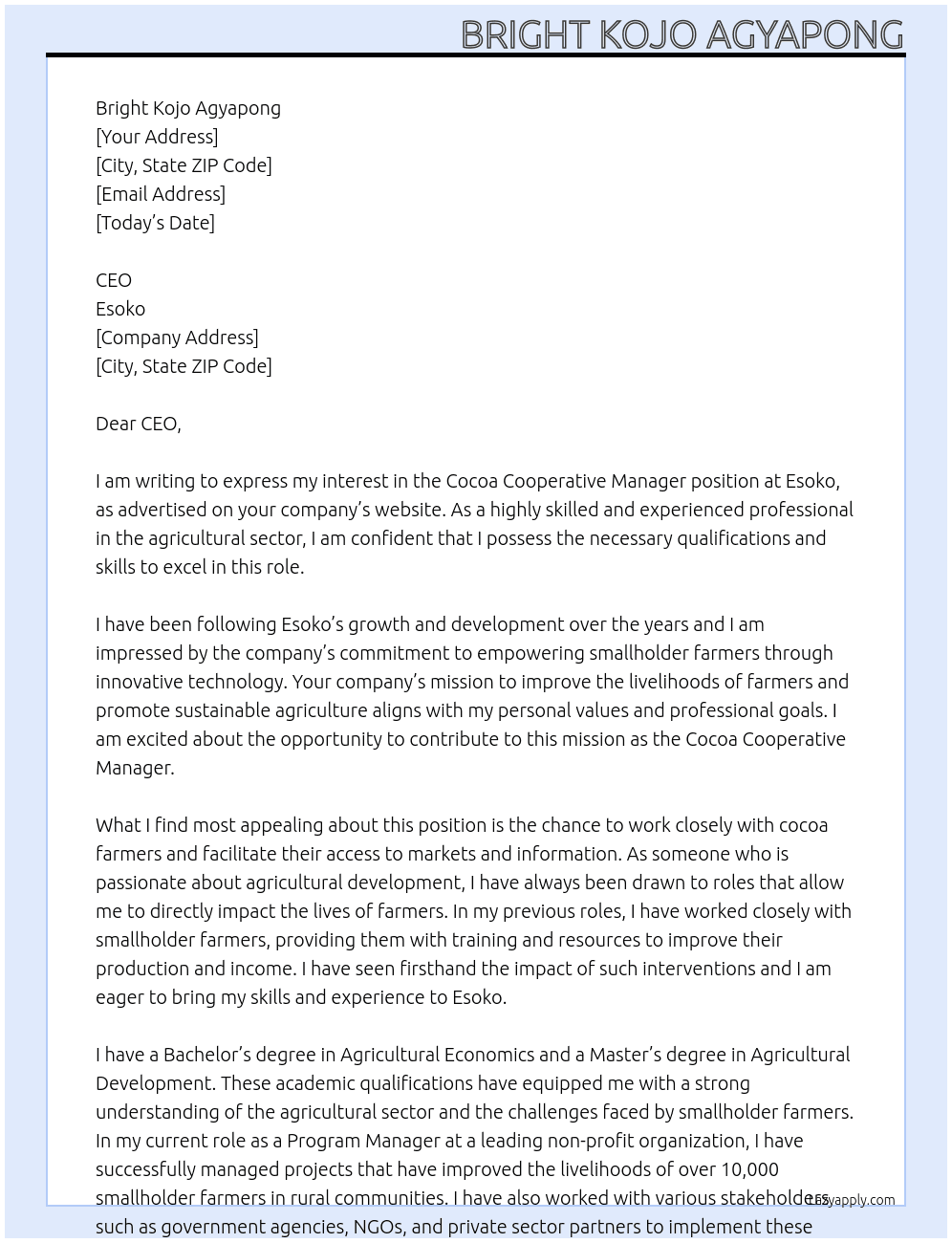 Cocoa Cooperative Manager At Esoko Cover Letter