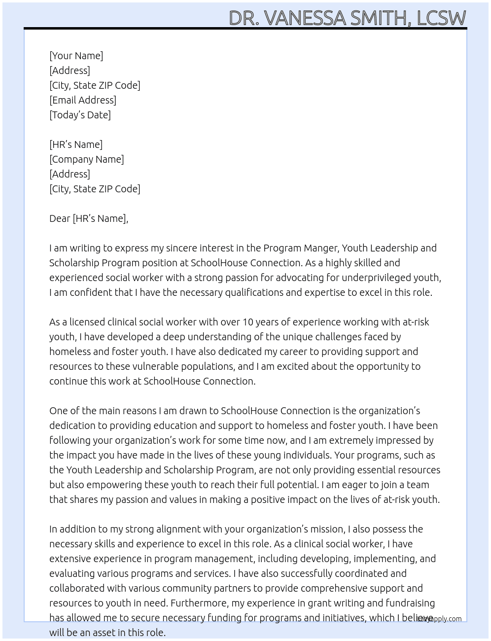 Program Manger, Youth Leadership and Scholarship Program At SchoolHouse Connection Cover Letter