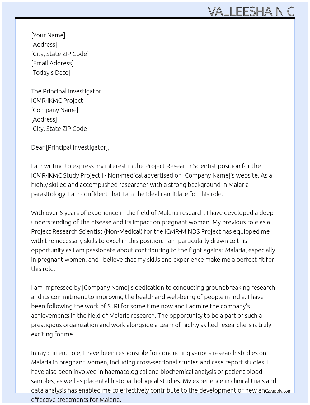 ProjeProject Research Scientist –ICMR –iKMC Study Project I -Non-medical(ct Research Scientist (Non-Medical)- ICMR-MINDS Project At SJRI Cover Letter