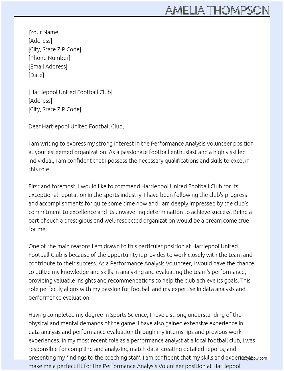 Performance Analysis Volunteer At Hartlepool United Football Club Cover Letter