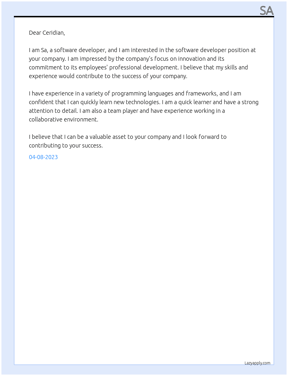 Software developer At Ceridian Cover Letter