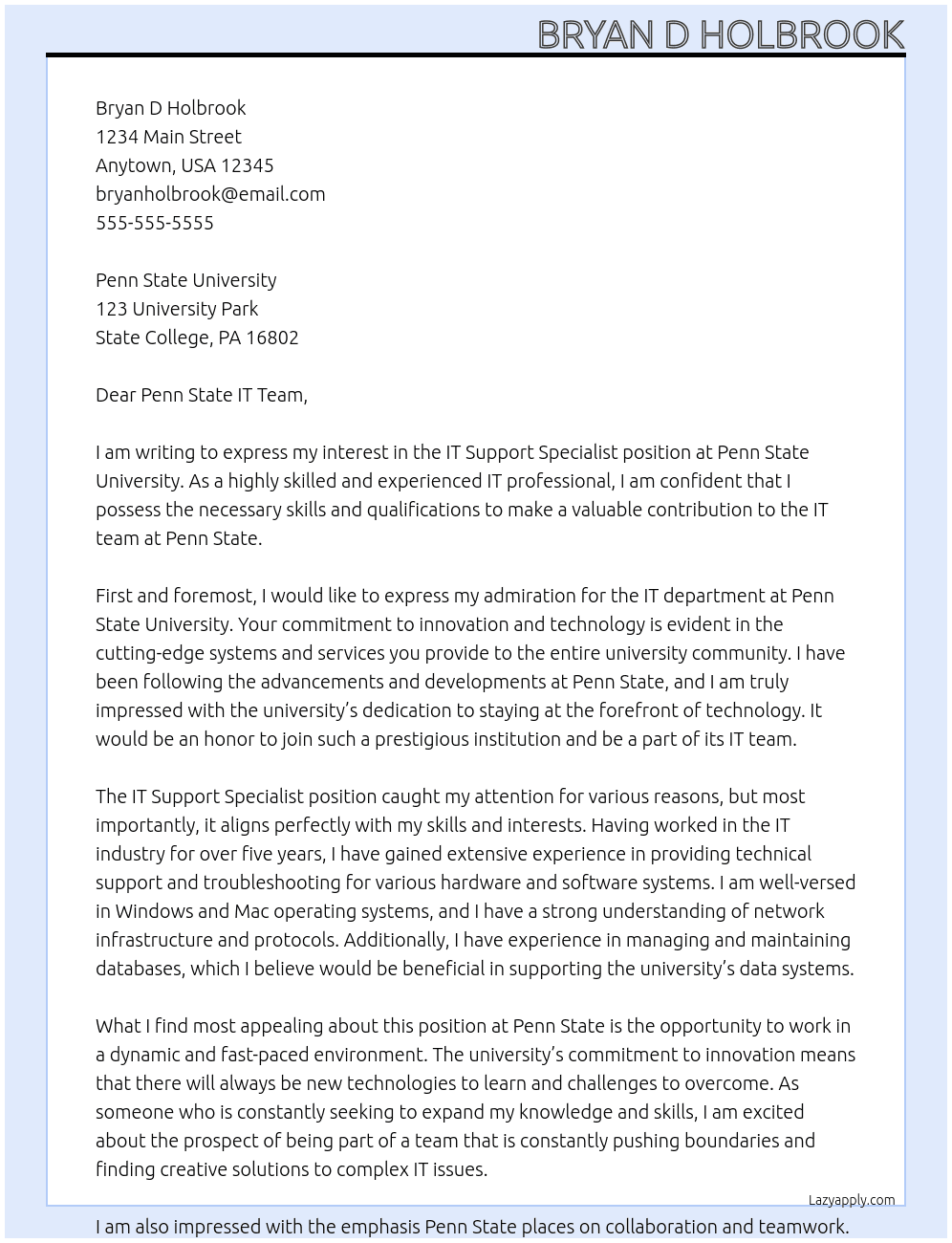 IT Support Specialist At Penn State University Cover Letter