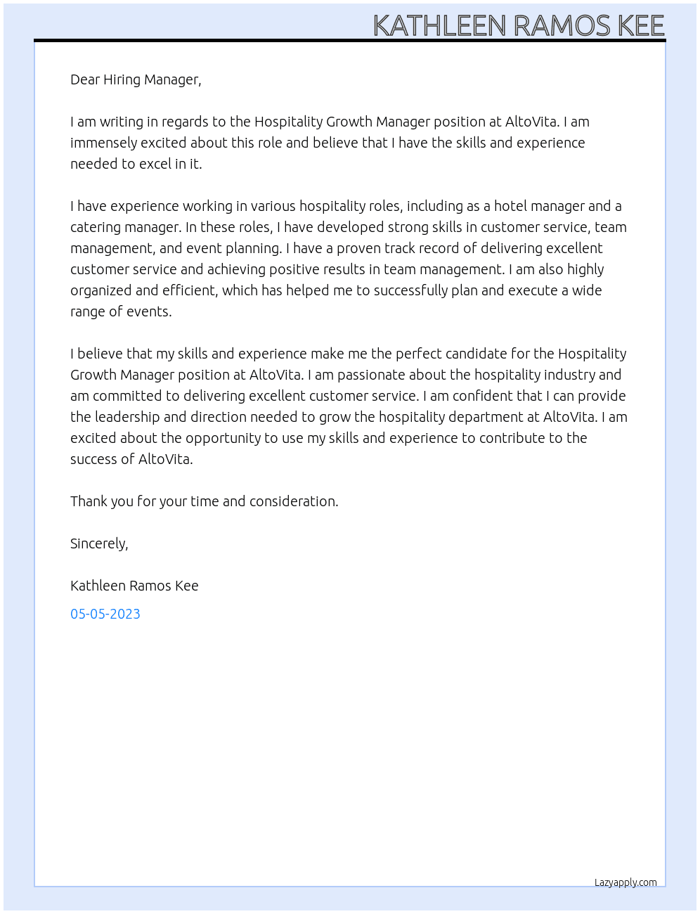 Hospitality Growth Manager At AltoVita Cover Letter