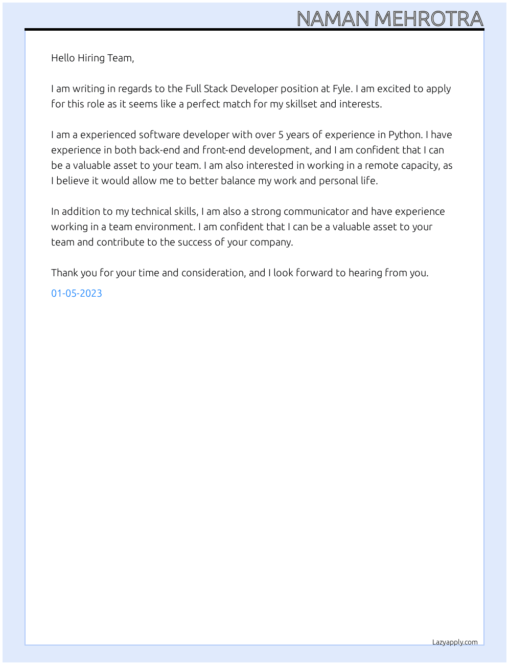 Full Stack Developer At Fyle Cover Letter