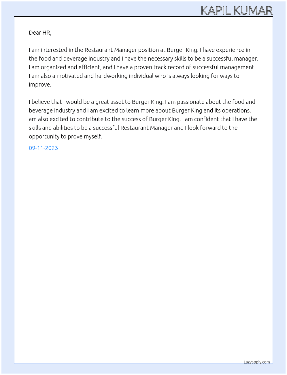 Restaurant  Manager At Burger King  Cover Letter