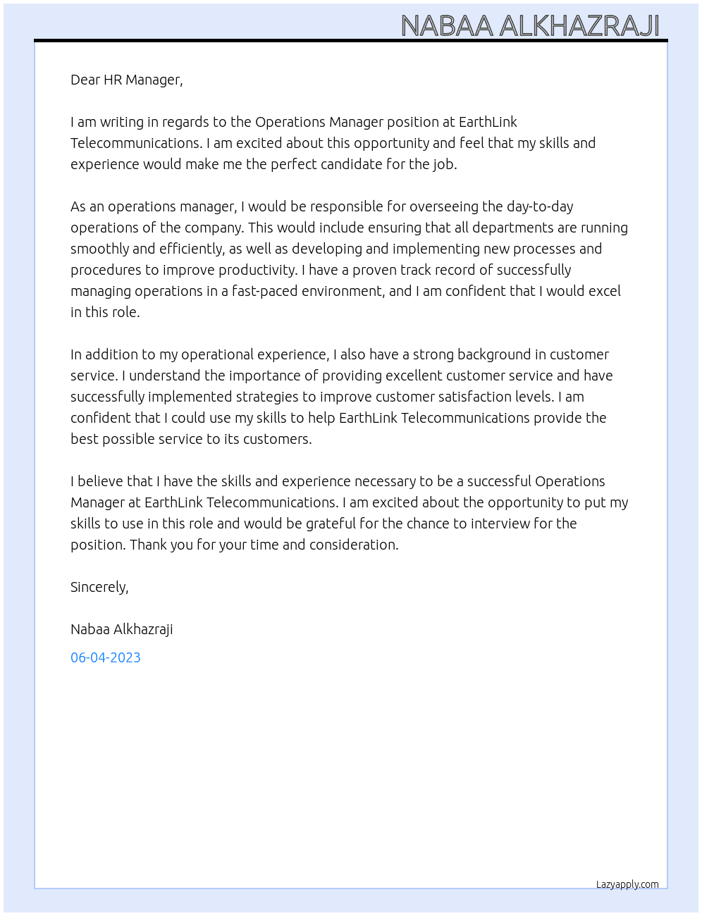 Operations Manager  At EarthLink Telecommunications  Cover Letter
