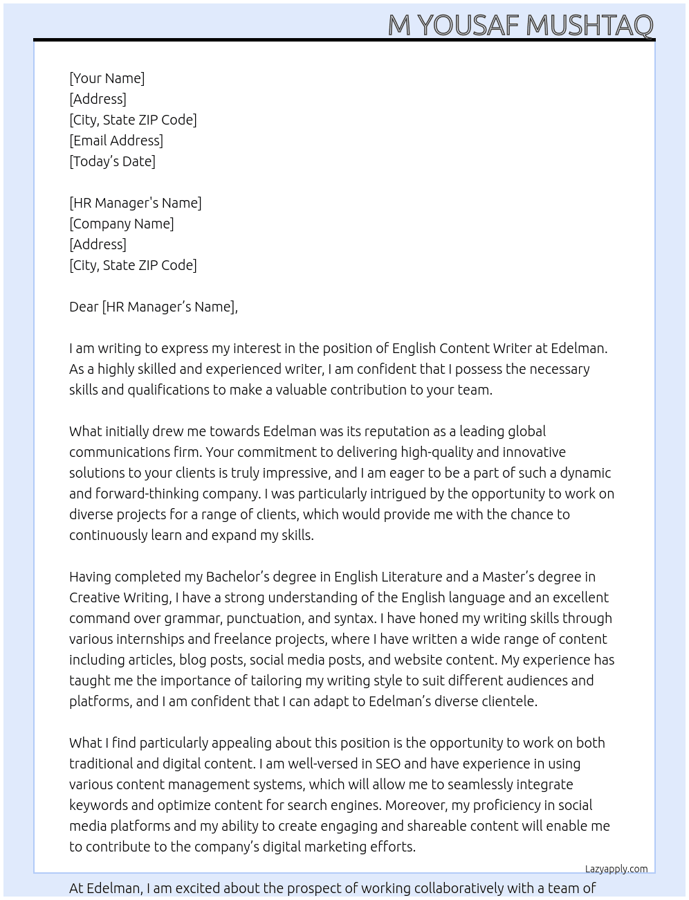 English Content Writer At Edelman Cover Letter