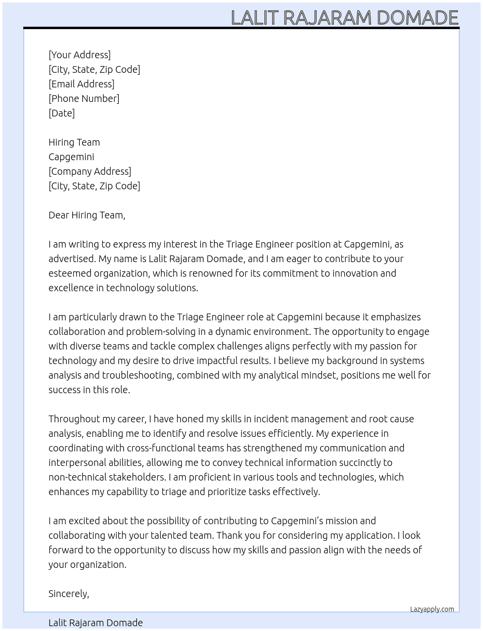 Triage Engineer At Capgimini Cover Letter