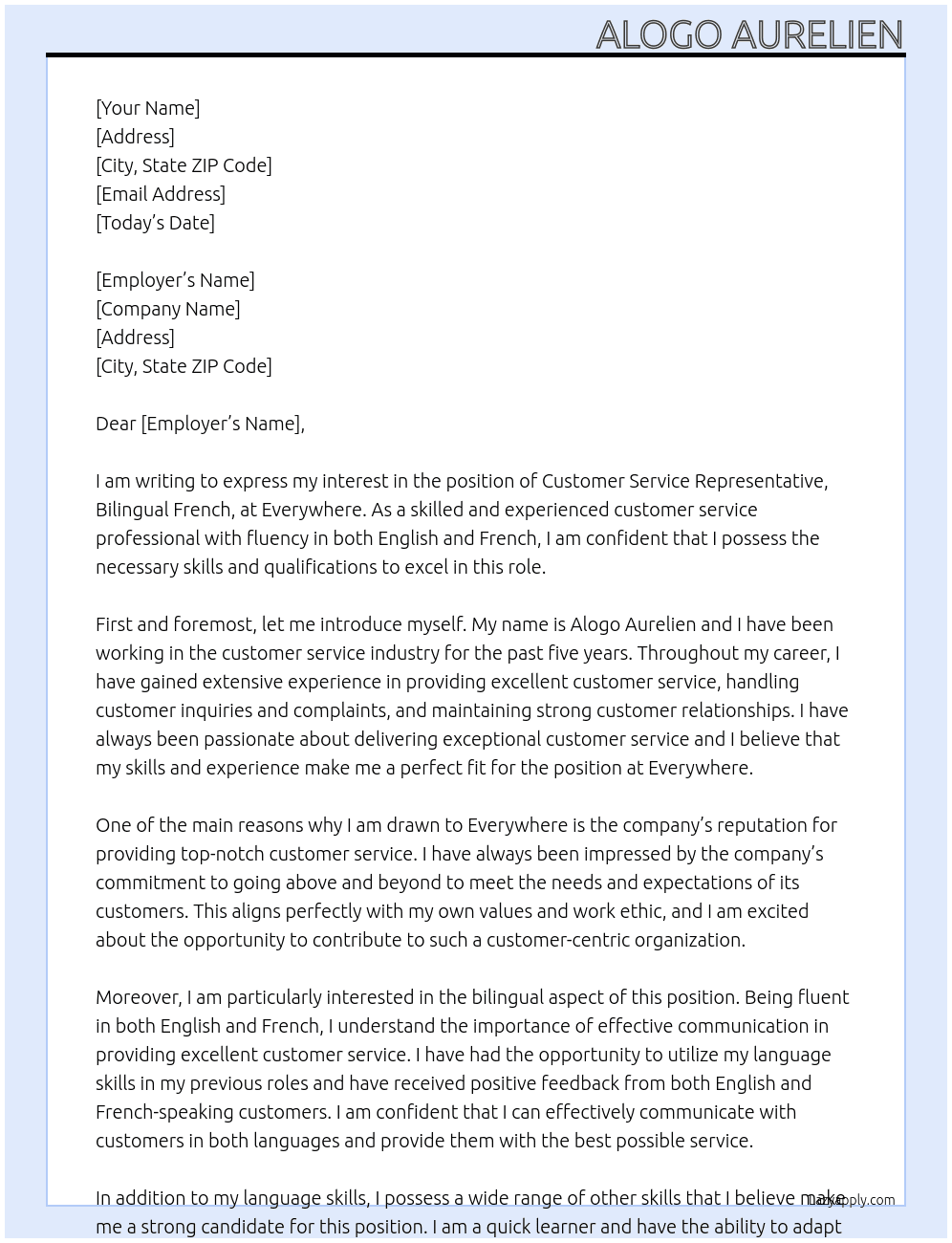 customer service representative bilingual french  At everywhere Cover Letter