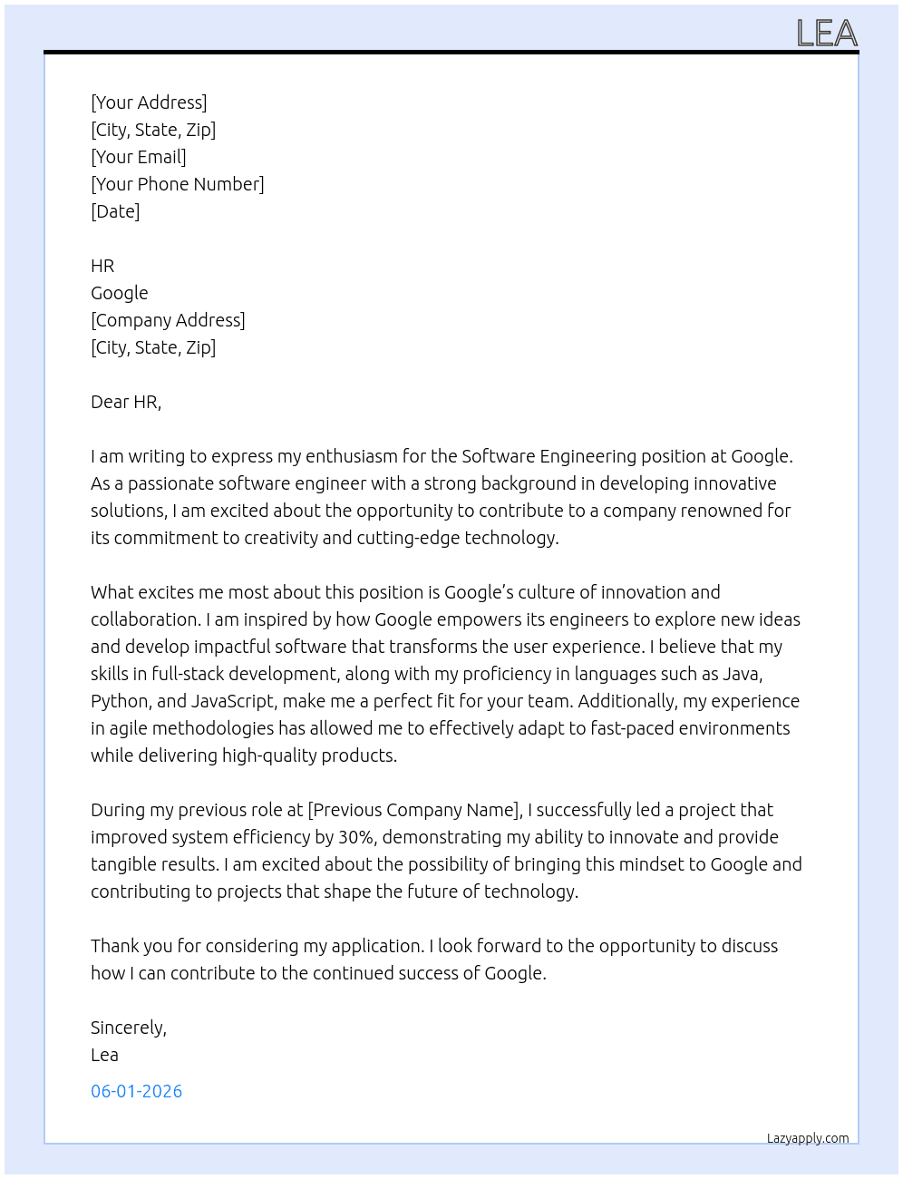 Software engineering At Google Cover Letter