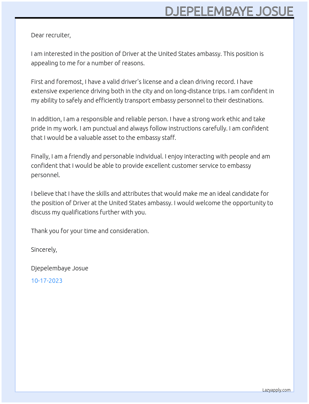 Driver At United States ambassy Cover Letter