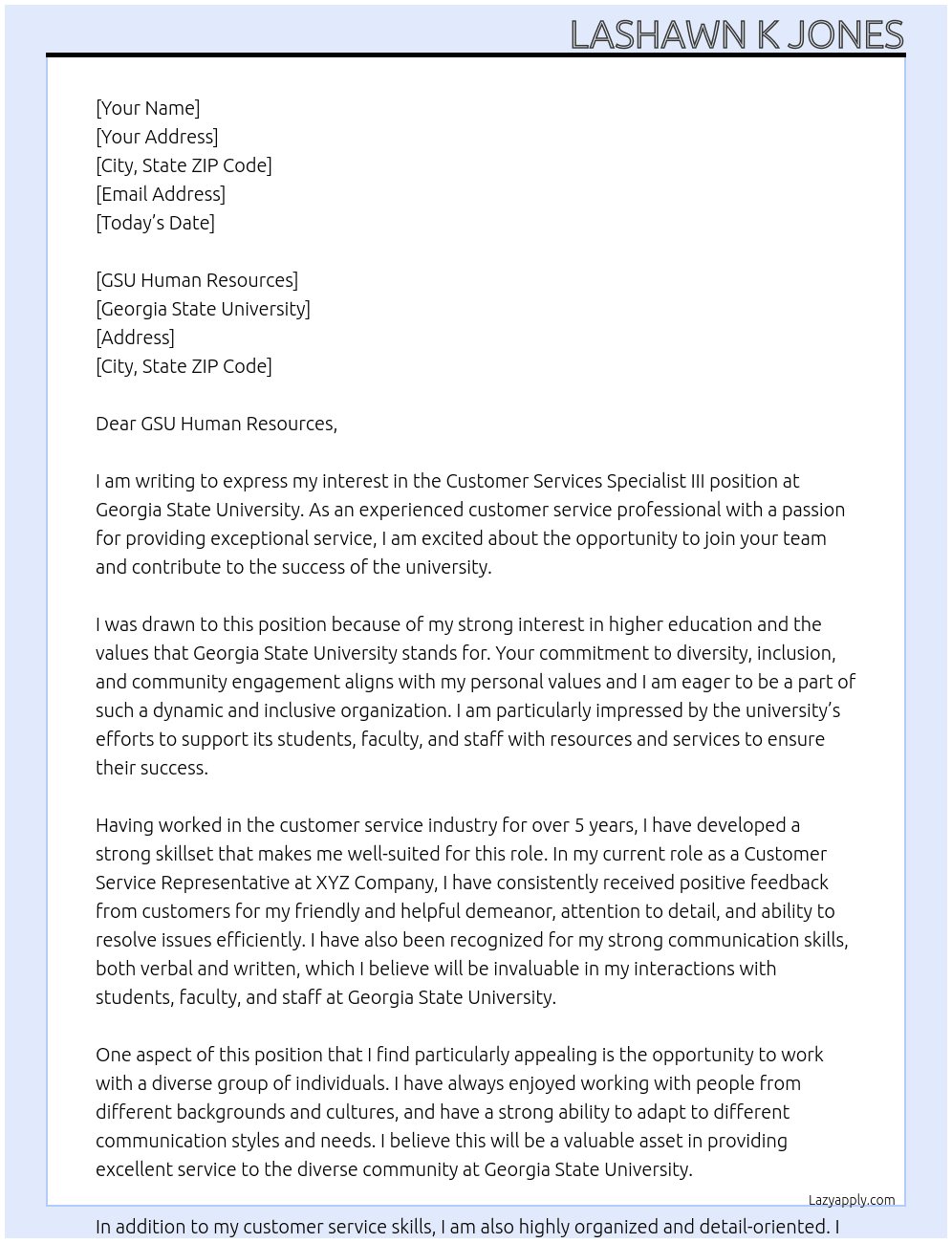 Customer Services Specialist III At Georgia State University Cover Letter
