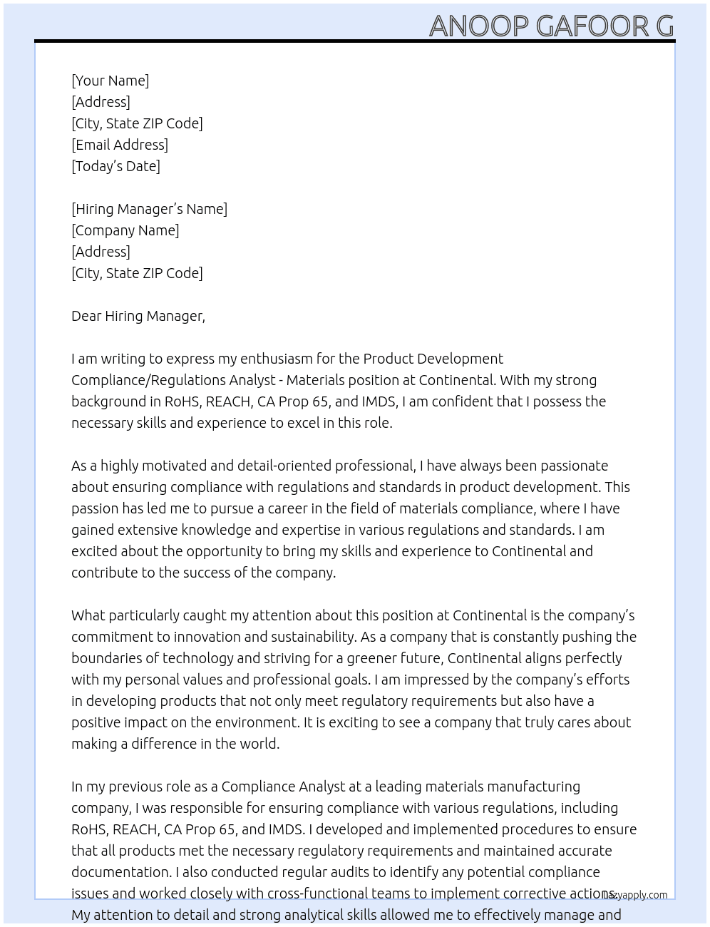 Product Development Compliance/Regulations Analyst - Materials At Continental Cover Letter