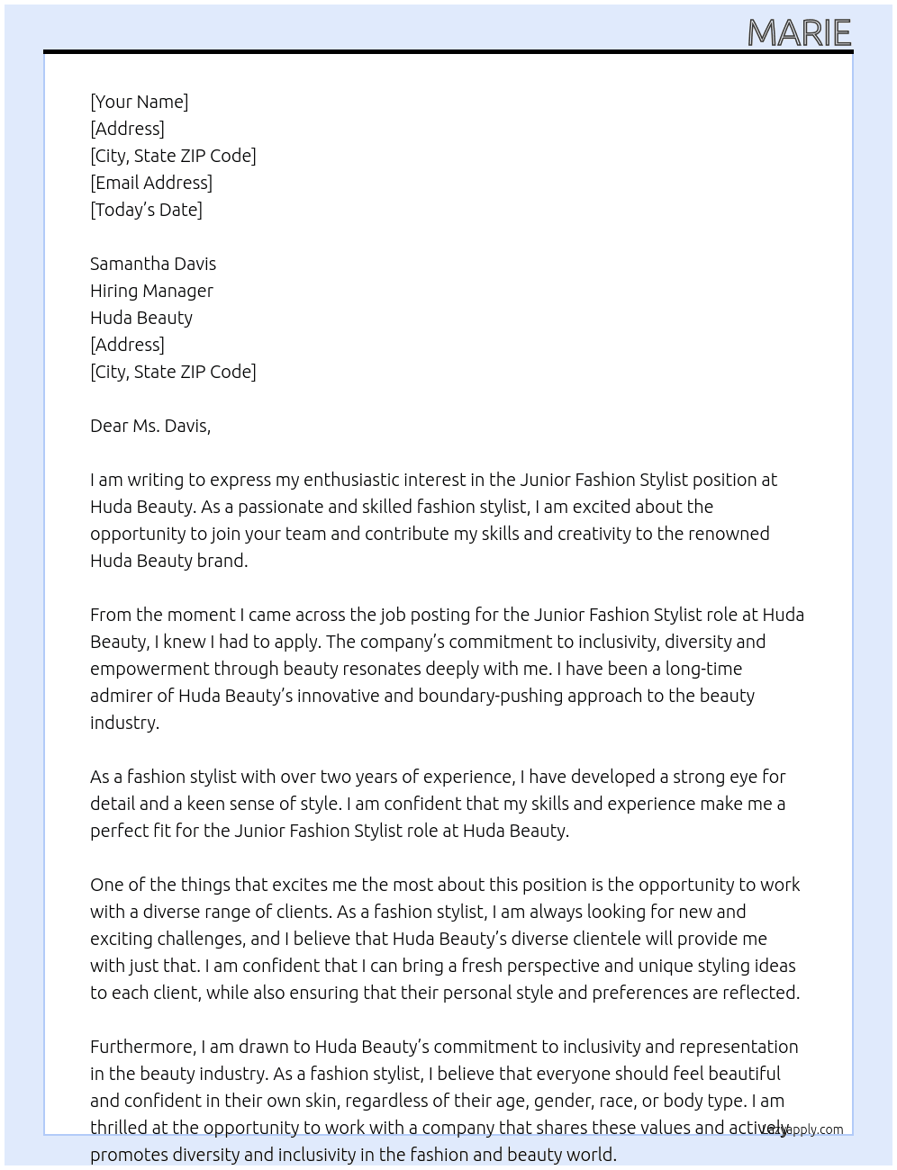 Junior Fashion Stylist At Huda Beauty  Cover Letter