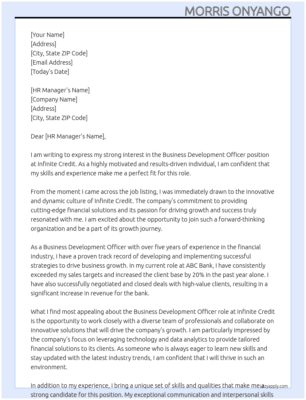 Business development officer At Infinite credit Cover Letter