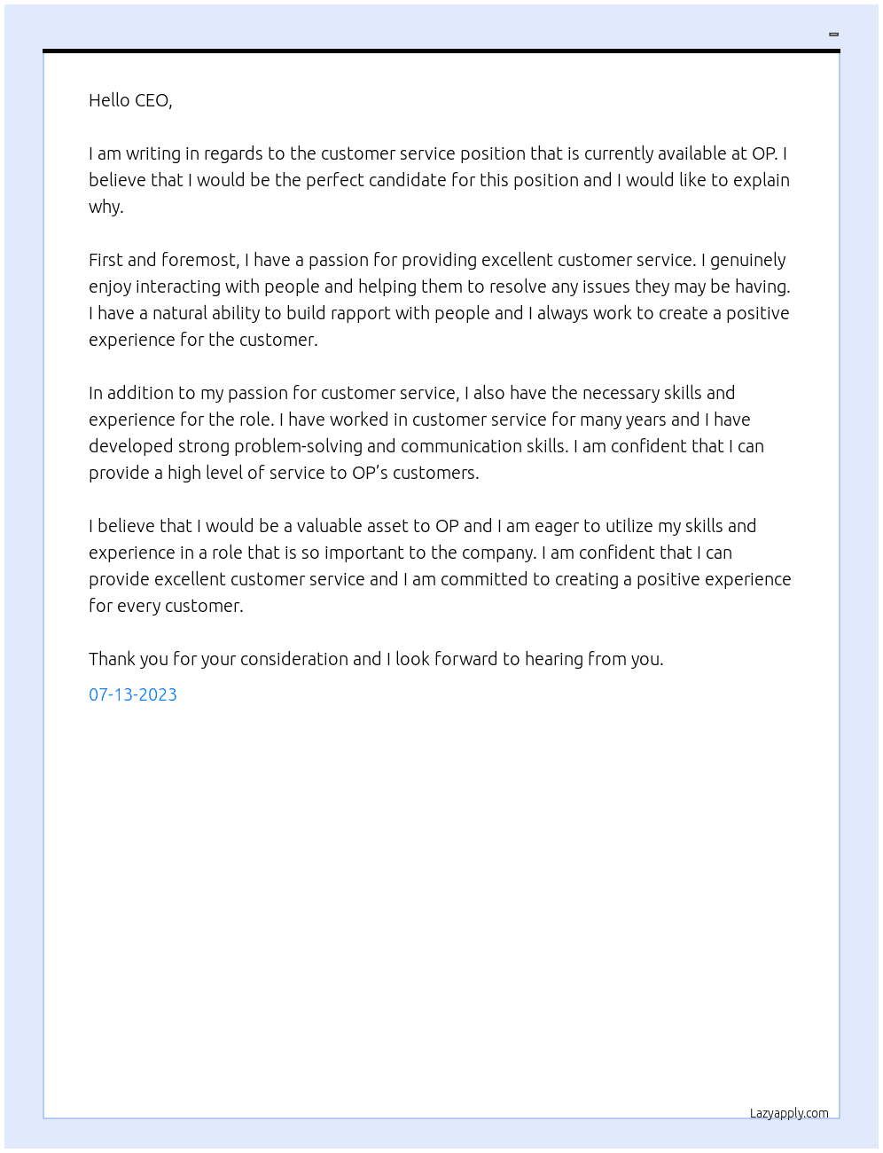 customer service At OP Cover Letter