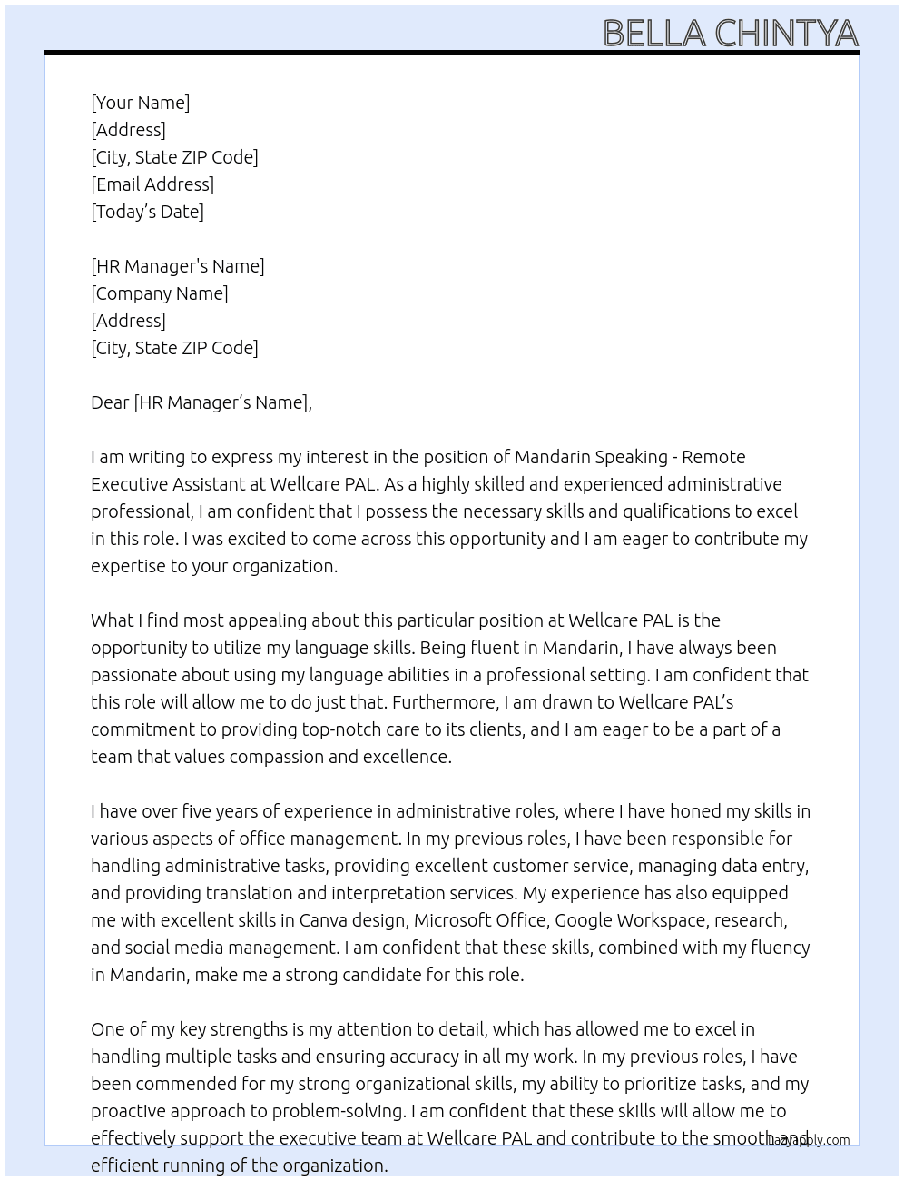 Mandarin Speaking - Remote Executive Assistant At Wellcare PAL Cover Letter