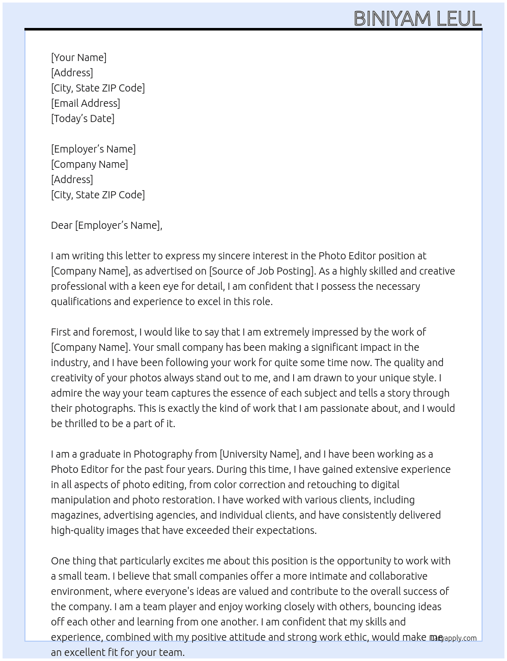 Photo editor At Small company  Cover Letter