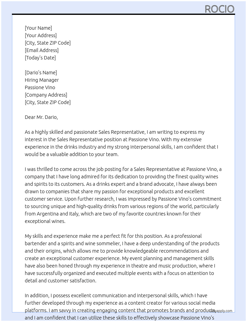 Sales Representative Application At Passione Vino Cover Letter
