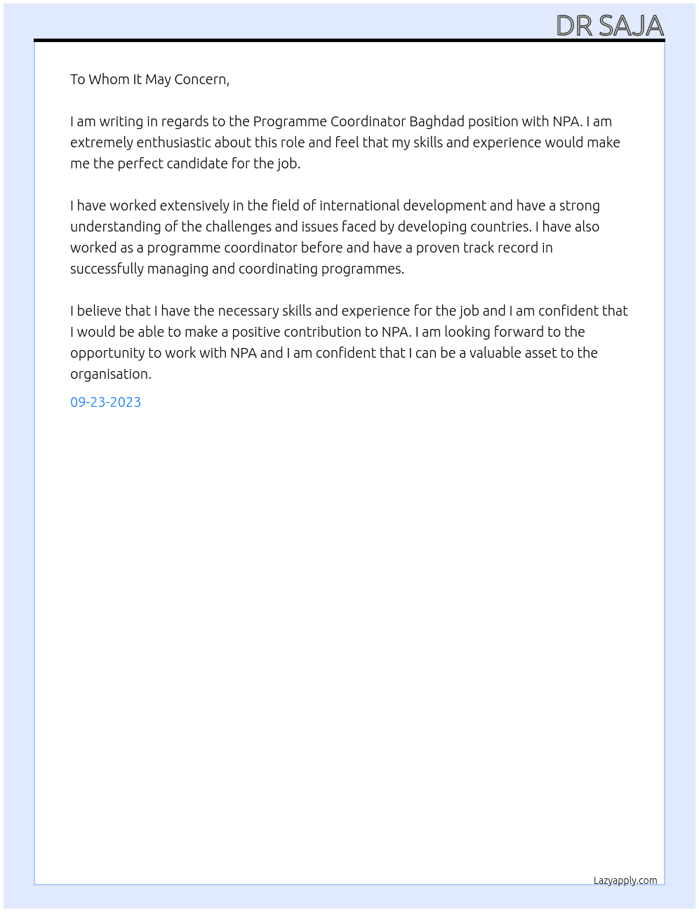 Programme Coordinator Baghdad At NPA Cover Letter