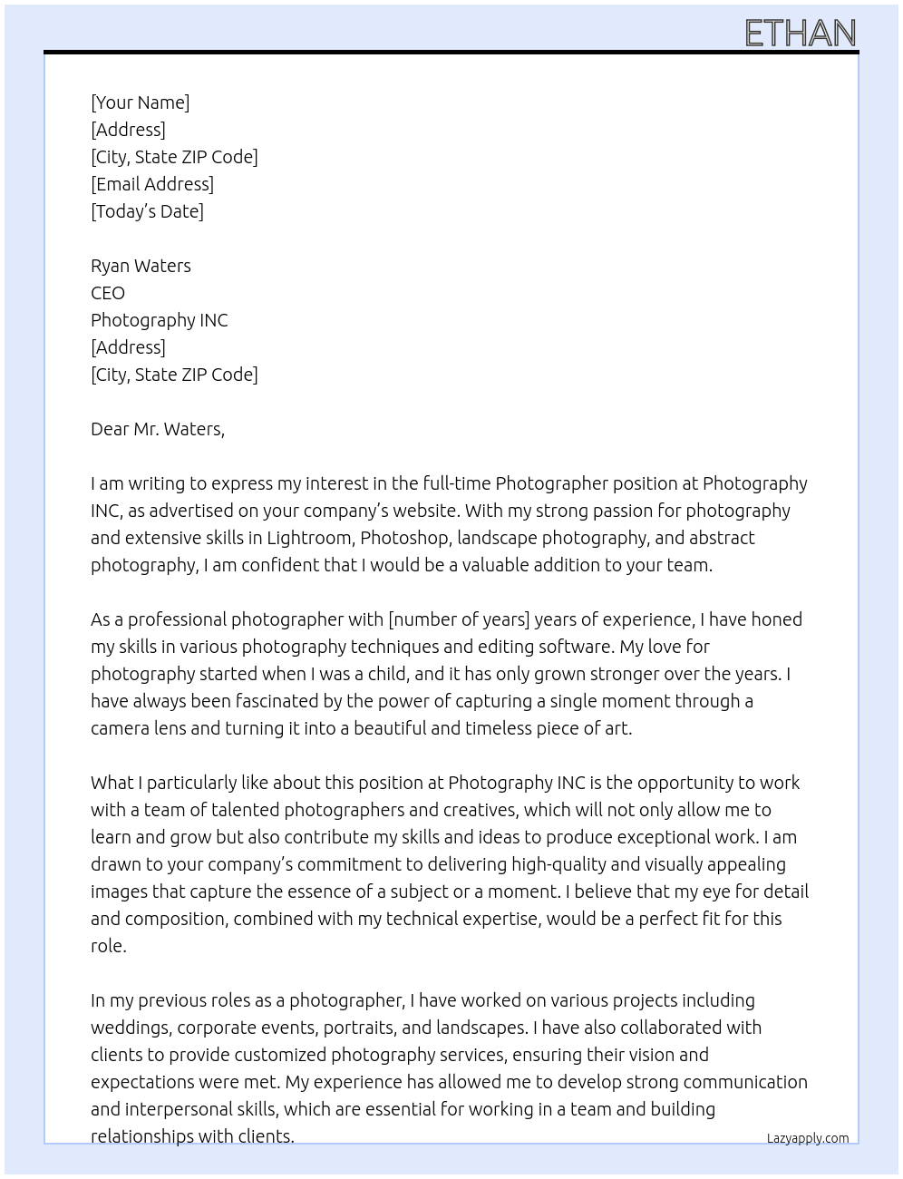 Photographer At Photography INC Cover Letter