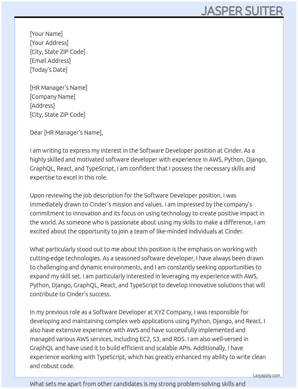 Software Developer At Cinder Cover Letter