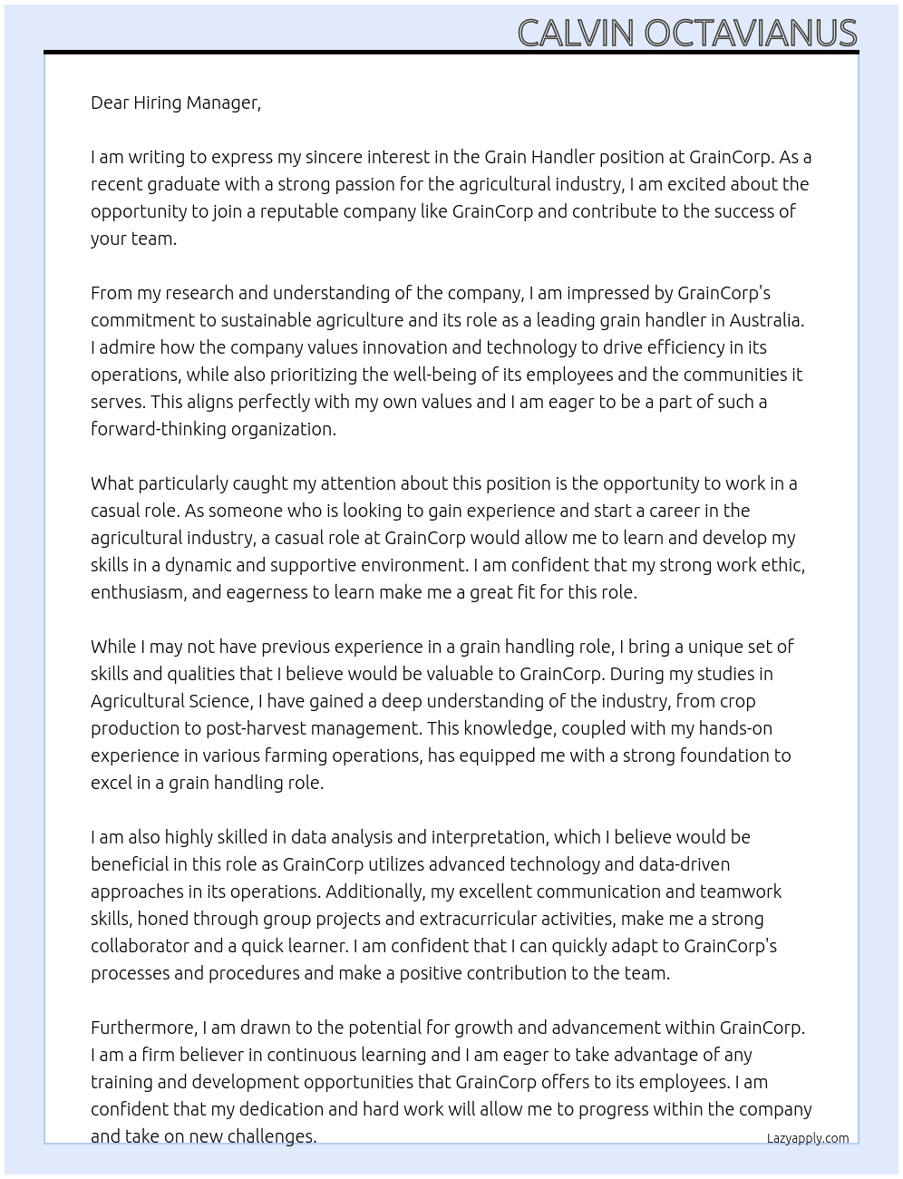 Grain Handler no experience At GrainCorp Cover Letter