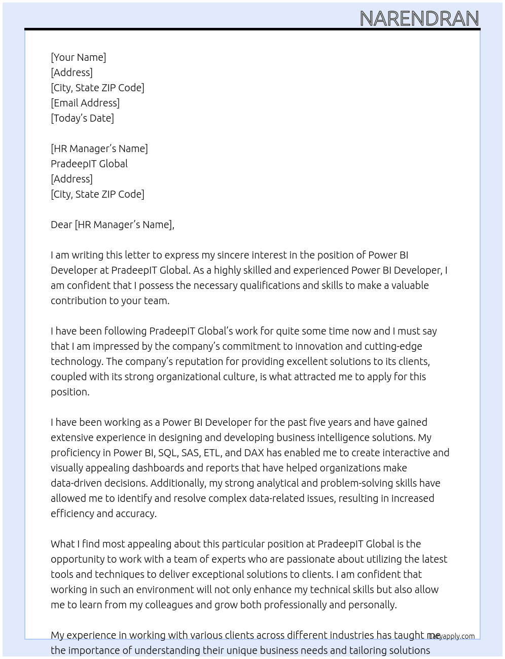 Power BI Developer At PradeepIT Global Cover Letter