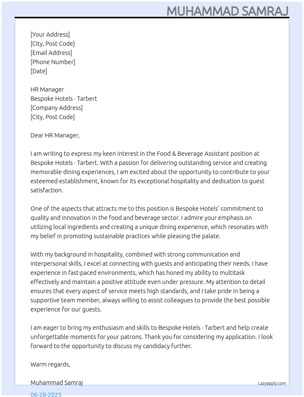 Food & Beverage Assistant  At Bespoke Hotels · Tarbert Cover Letter